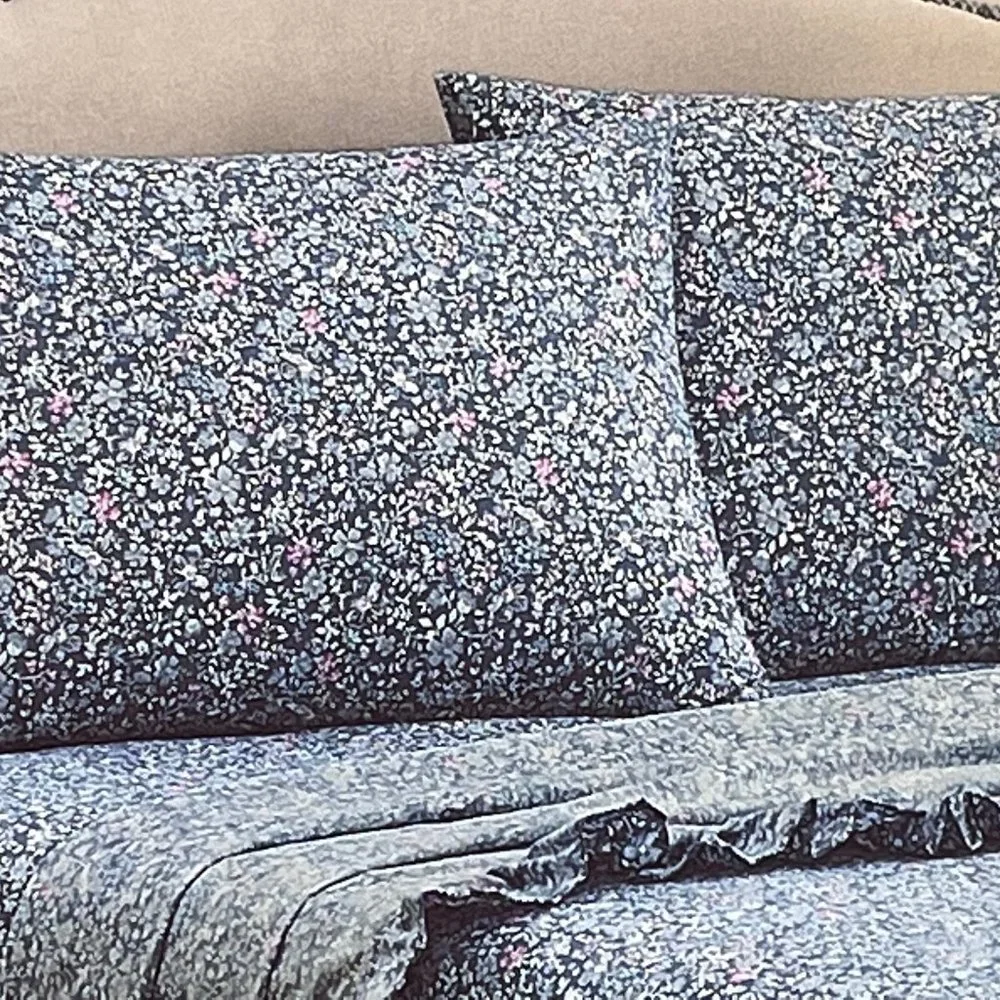 The FARMHOUSE Shabby Chic RUFFLED BLUE PINK FLORAL QUEEN Sheet Set  (BLUE BKGD) - Picture 3 of 8